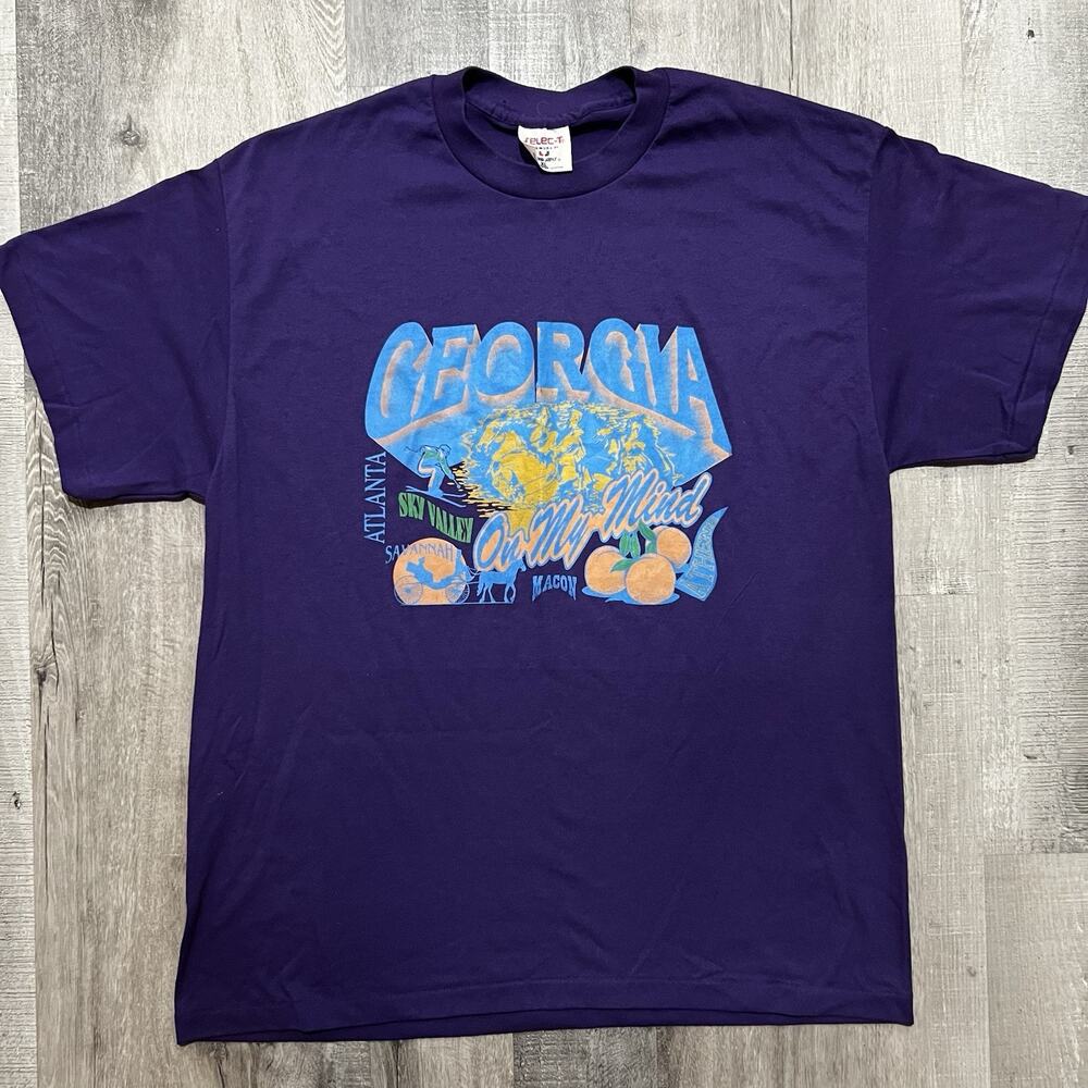 VTG Georgia On My Mind Purple Peach Graphic 80s Sky Valley Travel T Shirt USA XL